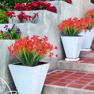 12 Bundles Outdoor UV Resistant Fake Flowers for Garden (Deep Red)